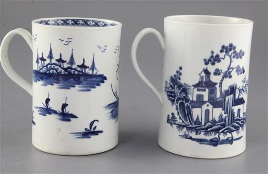 A Worcester Rock Strata Island pattern blue and white mug, and a plantation print pattern blue and white mug